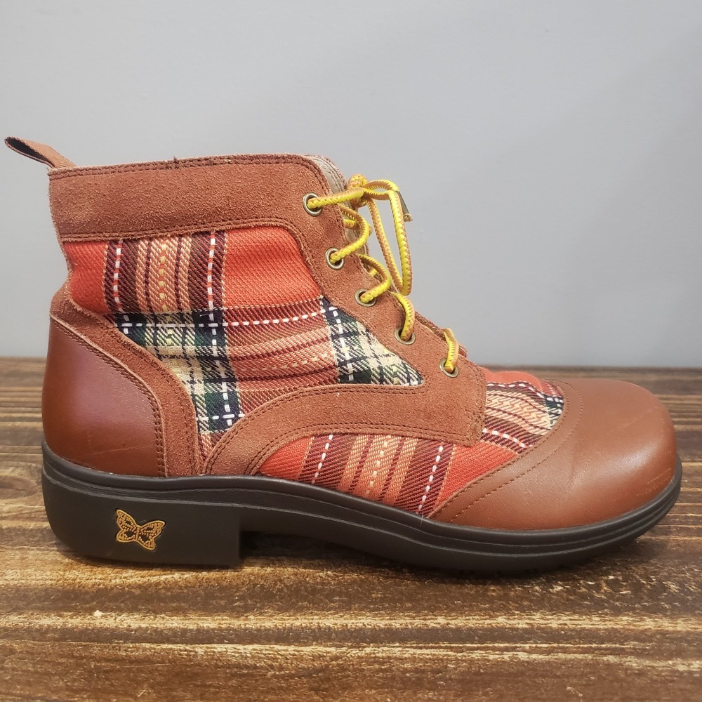 Alegria Ankle Boots Womens 8 KYL-602 Brown Leather Plaid Lace Up Good Condition
